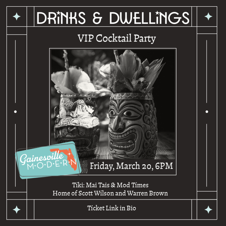 Black and white graphic for cocktail party featuring a photo of a tiki mug